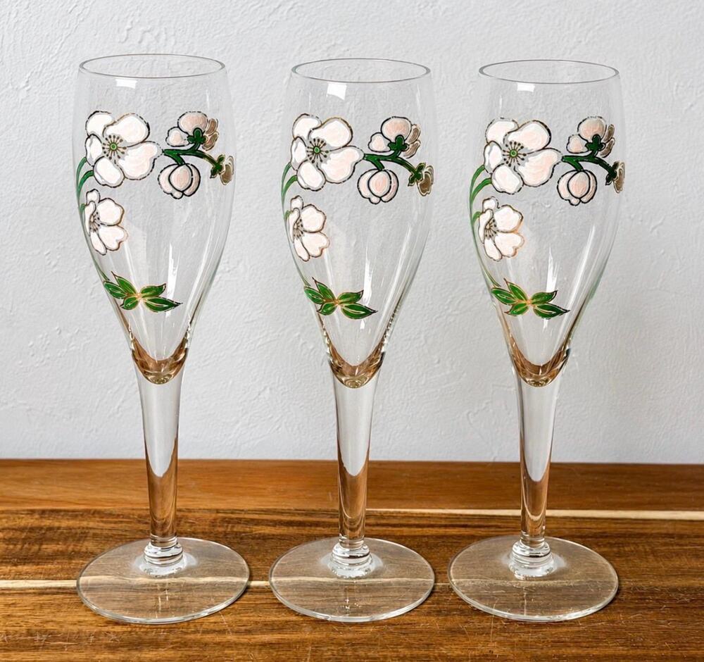 Vintage Hand Painted Floral Champagne Flutes Set of 3: Pink White Flowers